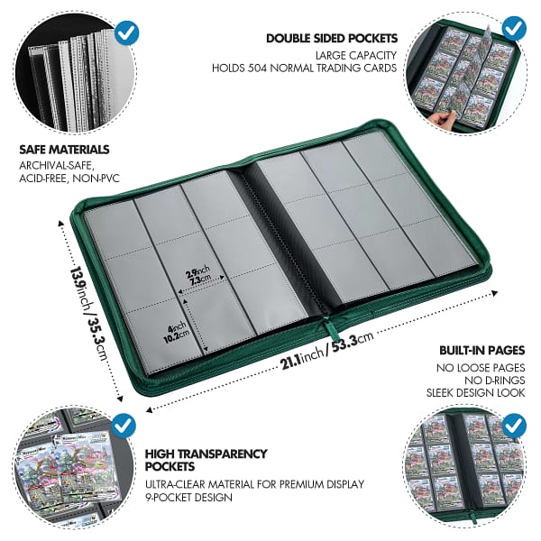 Trading Card 9 Pocket Side-Loading Binder - Black and Green - Image 3